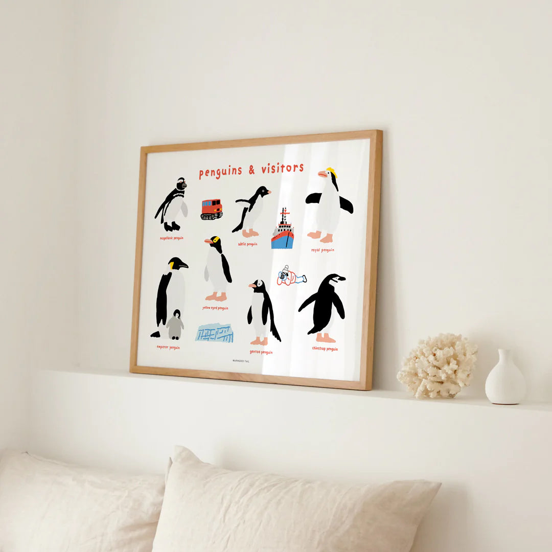 Penguins & Visitors in White Frame