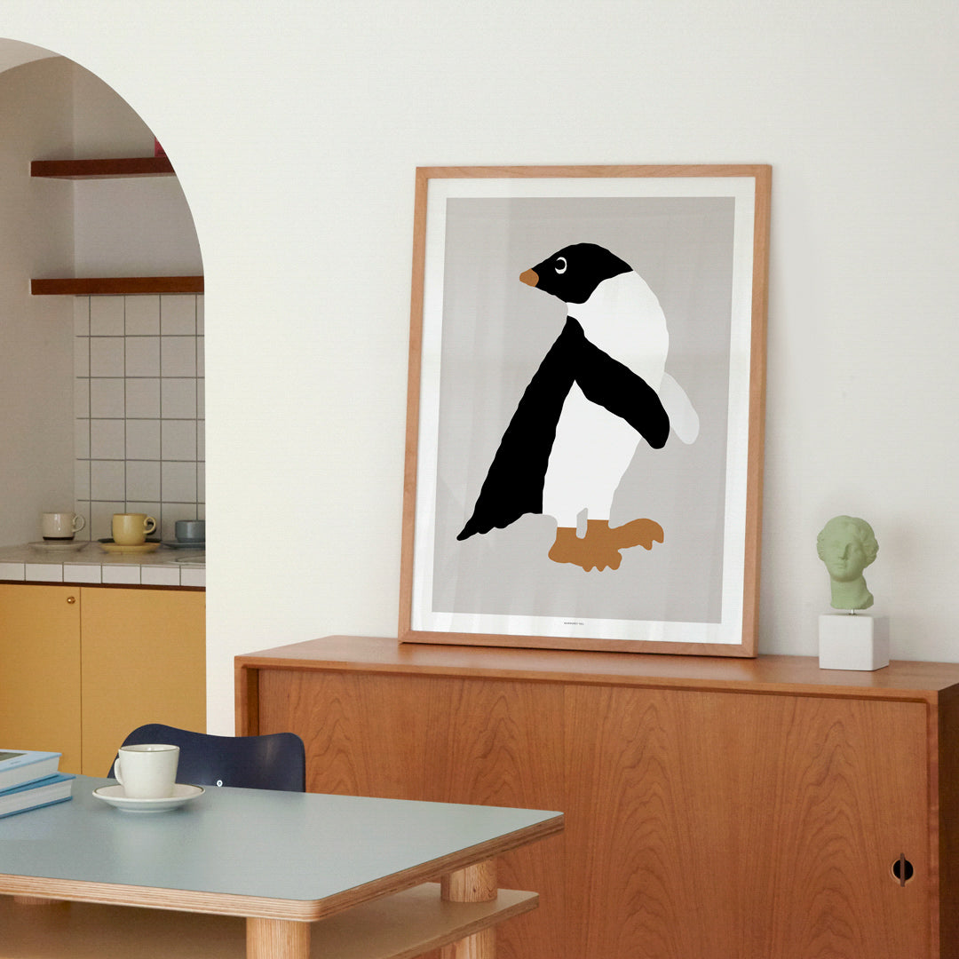 Adelie Penguin Grey Poster in White Frame