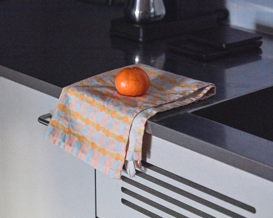 Dot Check Kitchen Cloth - Orange on Pink