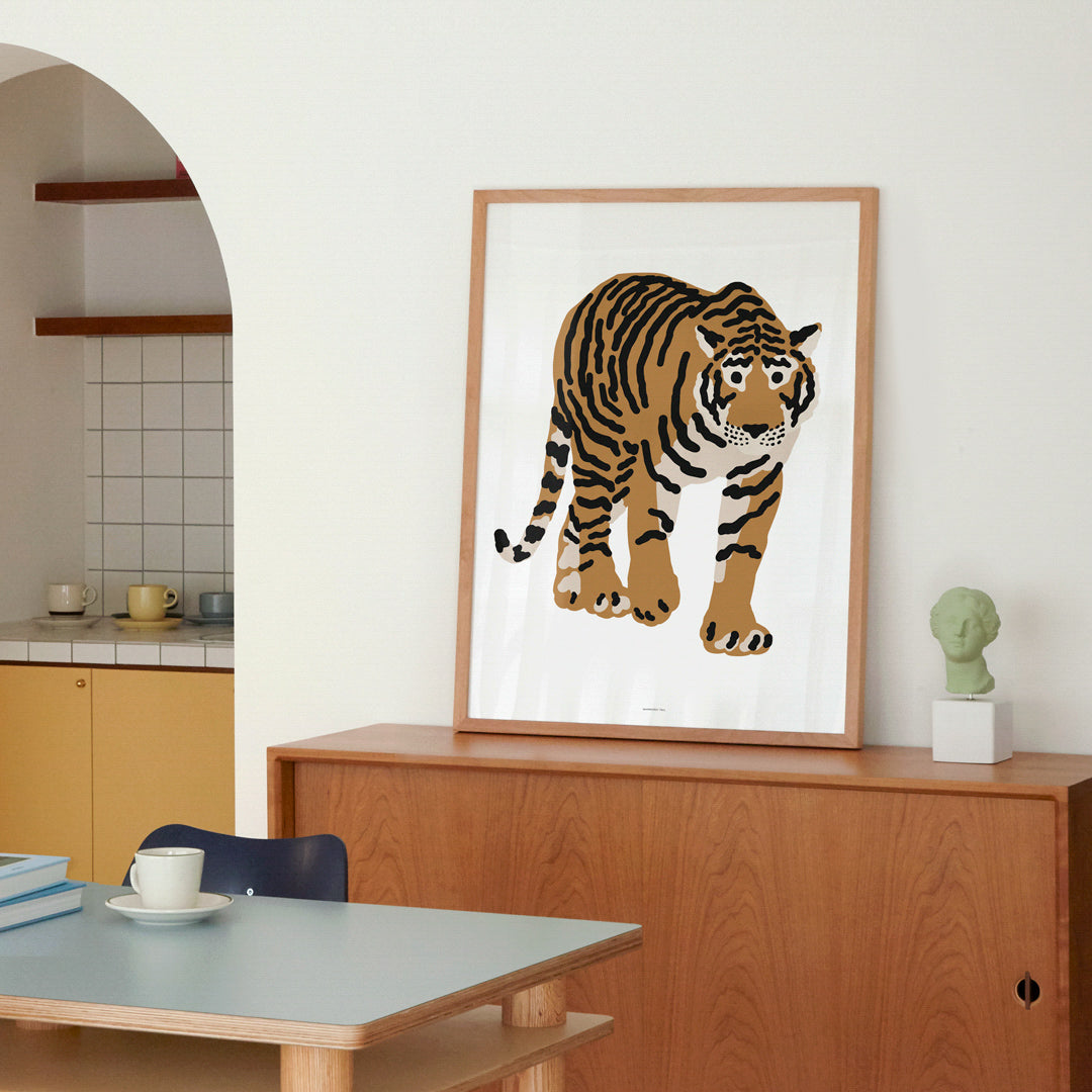 Walking Tiger Poster in Alder Wood Frame